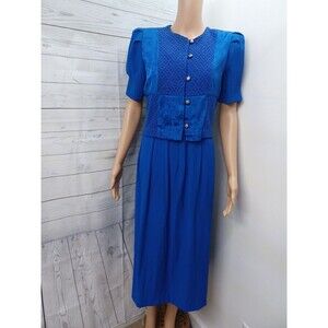 Miss Dorby Blue Dress Tie Back Crochet Vtg 80s Petite Sz 8P